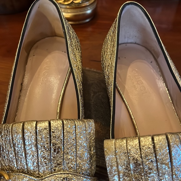 GUCCI Marmont Gold Mid Heel Loafer Fringe Metallic GG Logo - Picture 9 of 16